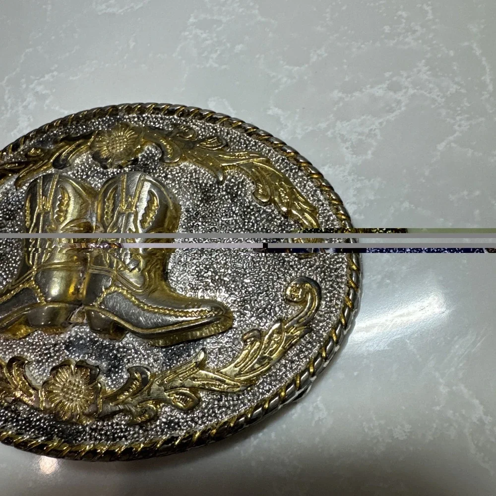 Cowboy Boot Belt Buckle Two Tone Oval Rodeo Wear